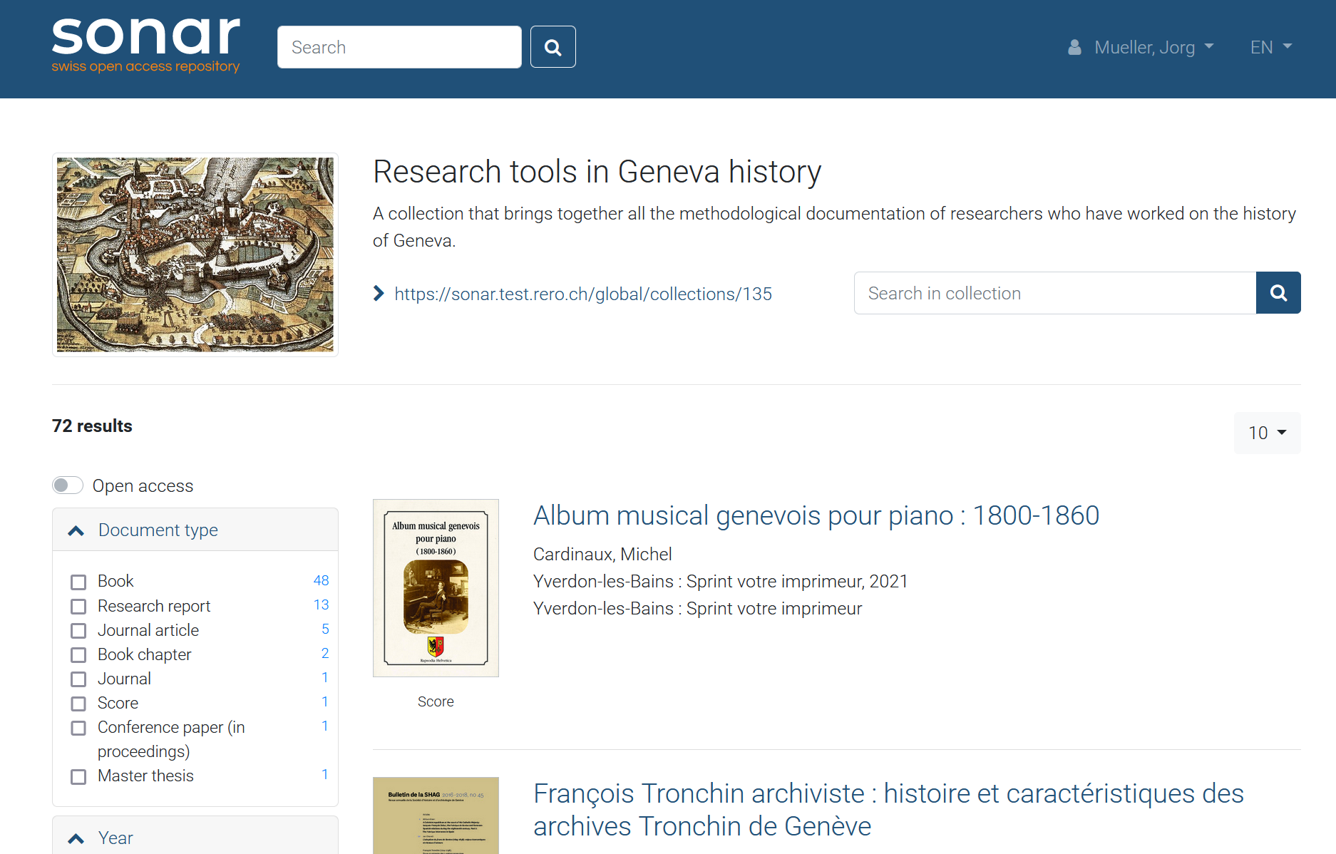 Screenshot of the collection 'Research tools in Geneva history'